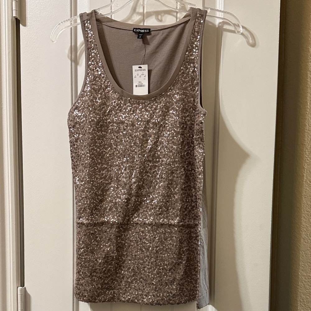 Express Women's Sparkling Sequin Tank Top - Tan NWT